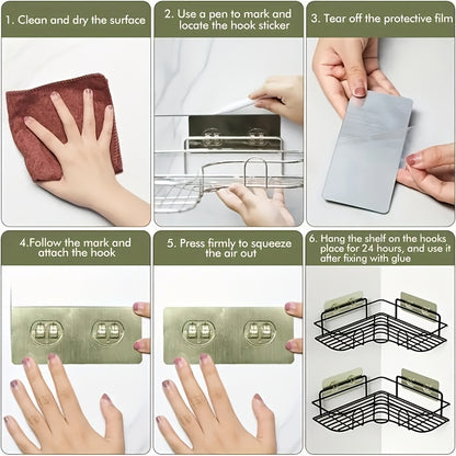 [No-Drill] Cast Iron Corner Shower Shelf | 1pc | Cast Iron | No-Drill Wall Mounted, Black Wire Mesh Design | Bathroom Storage | Bathroom | Modern | Easy Access